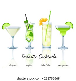 Favorite Cocktails Set isolated. Daiquiri, Mojito, John Collins and Margarita