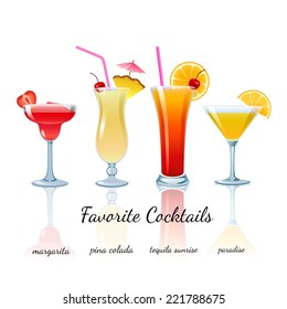 Favorite Cocktails Set isolated. Margarita, Pina Colada, Tequila Sunrise and Paradise