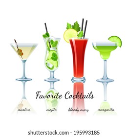 Favorite cocktails set isolated. Martini, Mojito, Bloody Mary, Margarita