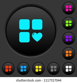 Favorite component dark push buttons with vivid color icons on dark grey background