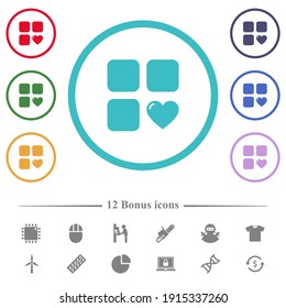 Favorite component flat color icons in circle shape outlines. 12 bonus icons included.