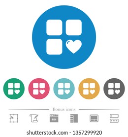 Favorite component flat white icons on round color backgrounds. 6 bonus icons included.