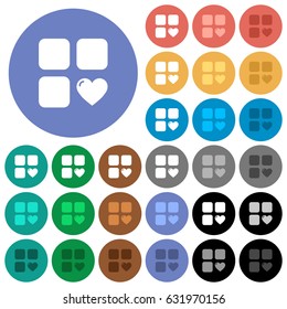 Favorite component multi colored flat icons on round backgrounds. Included white, light and dark icon variations for hover and active status effects, and bonus shades on black backgounds.