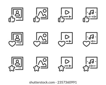 Contenido favorito e iconos de la línea vectorial de la publicación "Me gusta". Mejor imagen, imagen, video y esquema musical conjunto de iconos.