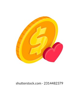 Favorite currency 3D icon. Vector Isometric gold dollar coin with heart. Donating money symbol. investment and banking concept symbol for web, app, ad.