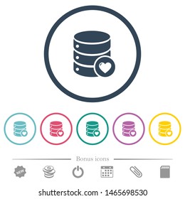 Favorite database flat color icons in round outlines. 6 bonus icons included.