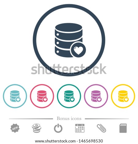 Favorite database flat color icons in round outlines. 6 bonus icons included.