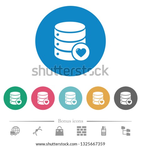 Favorite database flat white icons on round color backgrounds. 6 bonus icons included.