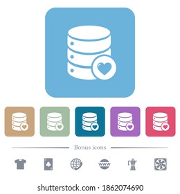 Favorite database white flat icons on color rounded square backgrounds. 6 bonus icons included