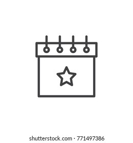 Favorite day calendar with star line icon, outline vector sign, linear style pictogram isolated on white. Party celebration symbol, logo illustration. Editable stroke