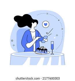 Favorite dessert isolated cartoon vector illustrations. Beautiful girl takes food photos in cafe, eating out dessert in restaurant, mobile photography, hanging out in coffee shop vector cartoon.
