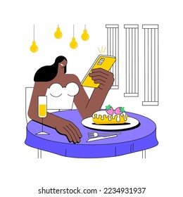 El postre favorito aislado ilustraciones vectoriales de dibujos animados. Una chica hermosa toma fotos de comida en un café, come postre en un restaurante, fotografía móvil, pasando el rato en una caricatura vectorial de una cafetería.