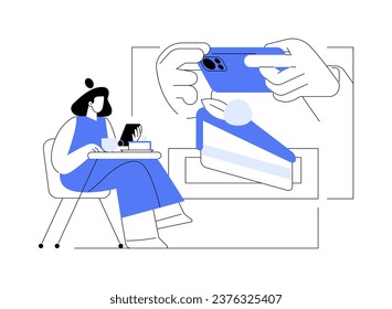 Favorite dessert isolated cartoon vector illustrations. Beautiful girl takes food photos in cafe, eating out dessert in restaurant, mobile photography, hanging out in coffee shop vector cartoon.