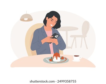 Favorite dessert isolated cartoon vector illustrations. Beautiful girl takes food photos in cafe, eating out dessert in restaurant, mobile photography, hanging out in coffee shop vector cartoon.