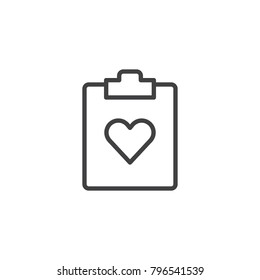 Favorite document file line icon, outline vector sign, linear style pictogram isolated on white. Clipboard and heart symbol, logo illustration. Editable stroke