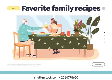 Favorite family recipe concept of landing page with daughter and elder father having dinner together. Young female eating with grandfather at home. Cartoon flat vector illustration