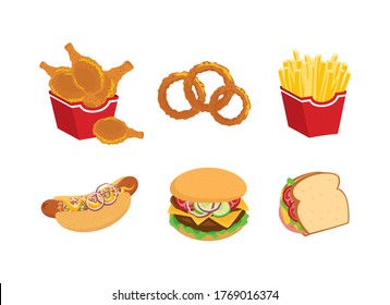 Favorite fast food meal icon set vector. Crispy fried chicken drumsticks, onion rings, french fries, hot dog, hamburger, sandwich icon vector. Fast food icon set isolated on a white background