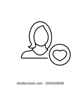 Favorite female account. Girl with heart sign. Like symbol. Woman user icon. Vector line