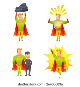 Favorite fictional children superhero cartoon character with protective shield radiating power icons set abstract isolated vector illustration