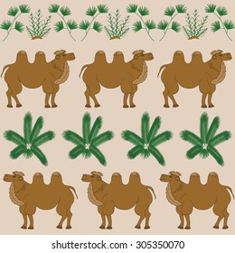 The favorite food of camel is the camel-thorn and other desert plants. Seamless background with camels and desert plants.