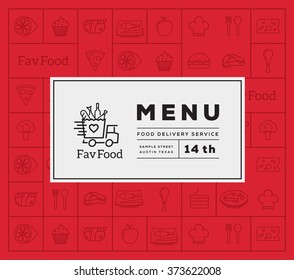 Favorite Food Delivery Abstract Vector Logo And Menu Cover with Line Style Icon Pattern. Good for Restaurant or Fast Food, etc.