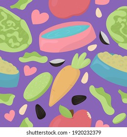 favorite food and treats for guinea pigs and rodents - a bowl of food and water, cabbage, carrot, apple, seeds, cute home rodent, vector seamless pattern in flat style on purple background