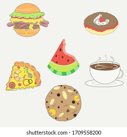 The favorite foods of the people, A big hamburger with salad, bacon, meat, tomato, and fully cheese, A pizza has a big shrimp and full cheese, cookie, coffee, watermelon, donut.