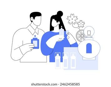 Favorite fragrance isolated cartoon vector illustrations. Smiling couple choosing perfume in cosmetics shop, people lifestyle, luxury beauty products, buy gift in makeup store vector cartoon.