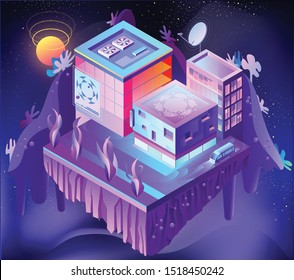 Favorite Futuristic Style. Vector isometric illustration. Town of the future, incredible, inconceivable, high. Loved dream center. Night star city with the moon. Glowing night houses. Flying game Art.