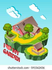 Favorite garden island concept. 3d isometric land. Vector illustration.