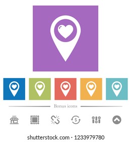 Favorite GPS map location flat white icons in square backgrounds. 6 bonus icons included.