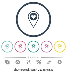 Favorite GPS map location flat color icons in round outlines. 6 bonus icons included.