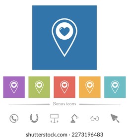 Favorite GPS map location flat white icons in square backgrounds. 6 bonus icons included.