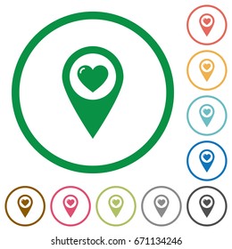 Favorite GPS map location flat color icons in round outlines on white background