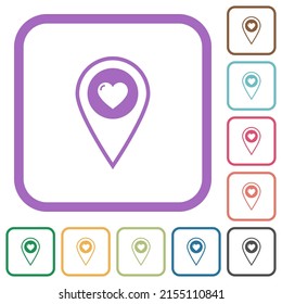 Favorite GPS map location simple icons in color rounded square frames on white background