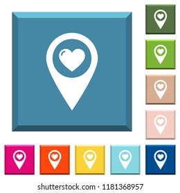 Favorite GPS map location white icons on edged square buttons in various trendy colors