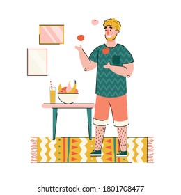 Favorite hobby activity and spending time at home banner with man cartoon character training to juggle, flat vector illustration isolated on white background.