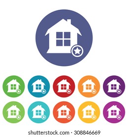Favorite house icons set, on colored circles, isolated on white