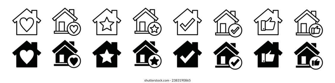 Favorite house line icon set. House with heart, star, check mark, and thumb up icon symbol. Selected home or house of choice. Vector illustration