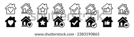 Favorite house line icon set. House with heart, star, check mark, and thumb up icon symbol. Selected home or house of choice. Vector illustration