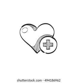 Favorite icon in doodle sketch lines. Internet symbol like plus heart shape