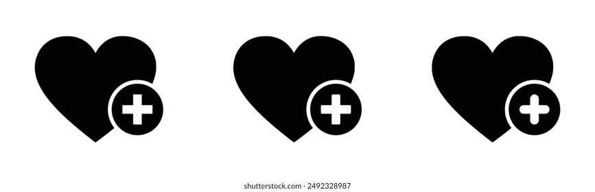 Favorite icon with plus flat vector signs. Favorite symbols set