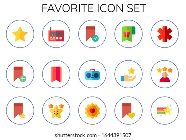 Lieblingssymbol-Set. 15 flache Lieblingssymbole.  Einfache, moderne Symbole wie: Stern, Lesezeichen, Radio, Ruf, Sterne