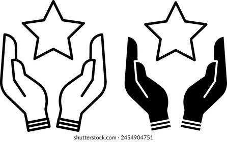 Favorite icons. Black and White Vector Icons Stars in Human Hands. Best, Number One. Social Media Concept