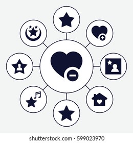 favorite icons set. Set of 9 favorite filled icons such as favourite user, star