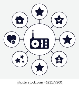 Favorite icons set. set of 9 favorite filled icons such as minus favorite, radio, favourite user, star