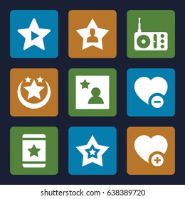 Favorite icons set. set of 9 favorite filled icons such as star, radio