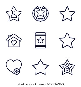 Favorite icons set. set of 9 favorite outline icons such as star, add favorite, favourite user