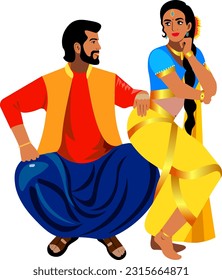 Favorite Indian dance couple in bright national costumes dancing a cheerful dance Vector