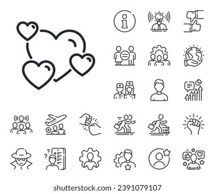 Favorite like sign. Specialist, doctor and job competition outline icons. Hearts line icon. Positive feedback symbol. Heart line sign. Avatar placeholder, spy headshot icon. Strike leader. Vector